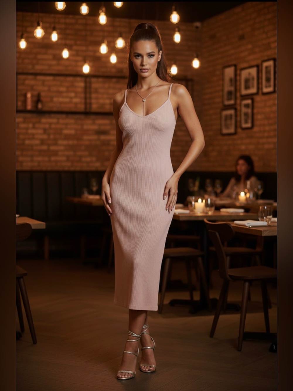 DYNAMITE Ribbed Sleeveless Slip Midi Dress - Blush Nude
